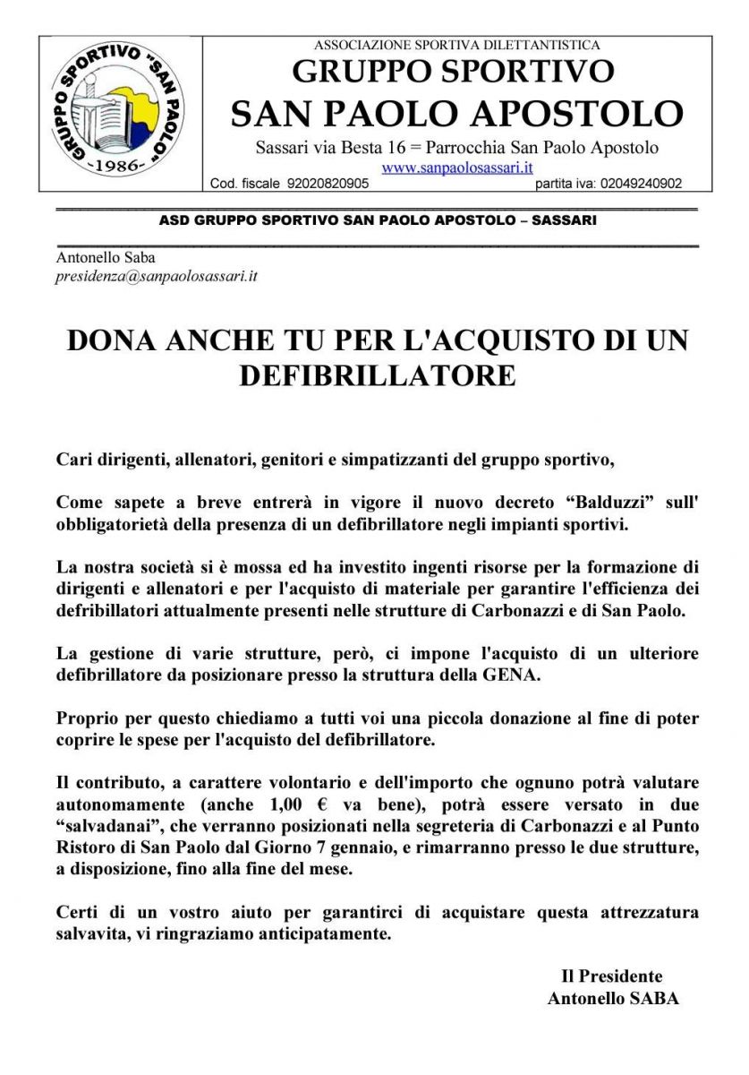 San Paolo raccolta fondi per defibrillatore